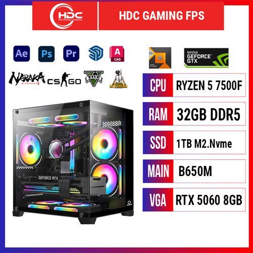PC HDC AMD GAMING FPS Ryzen 5 7500F AM5 – RAM 32GB DDR4 – SSD 1TB NVME M.2 – MAIN B650M - VGA RTX 5060 8GB GDDR6 2FAN